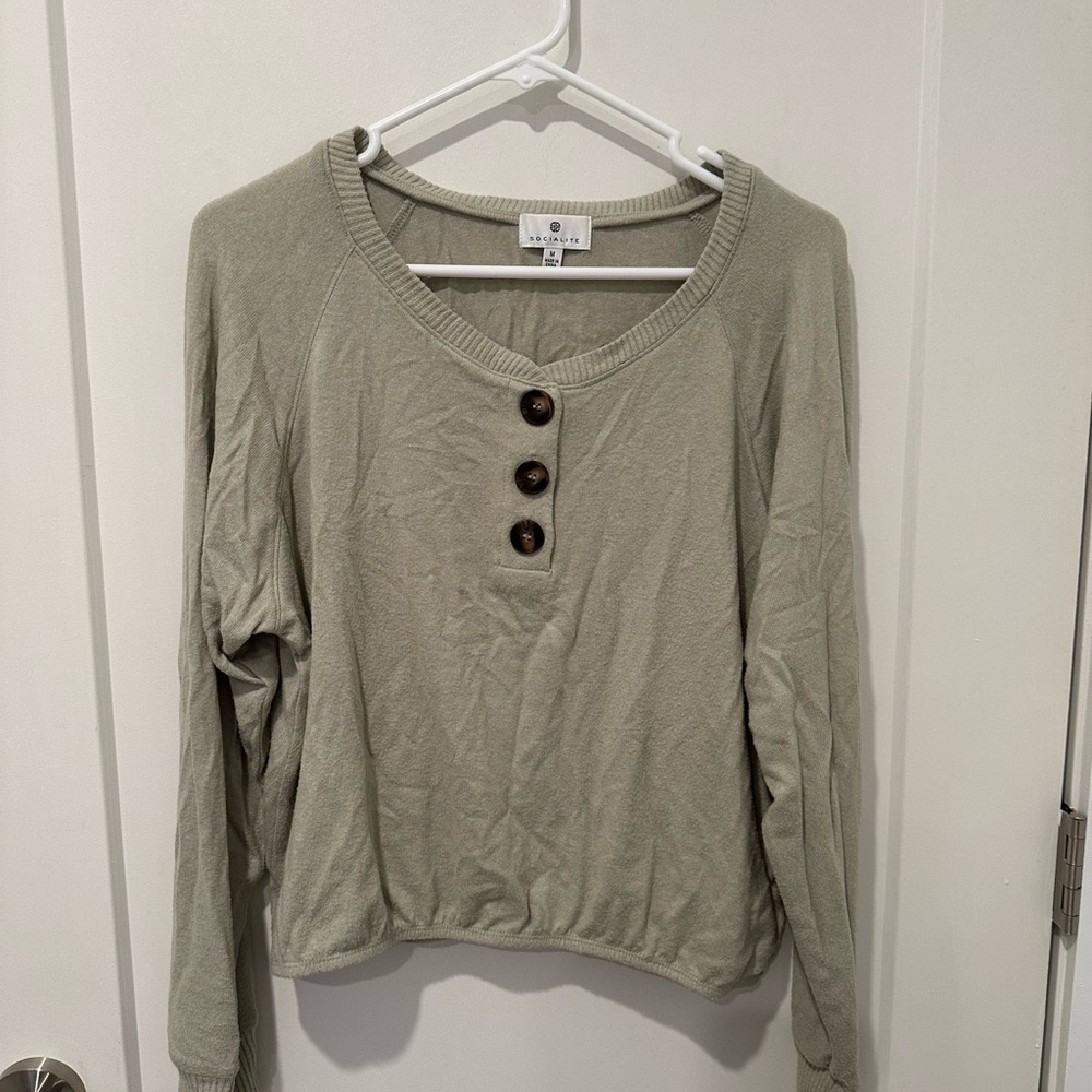 Socialite Sage Green Long-Sleeve Henley Sweatshirt with Button Placket